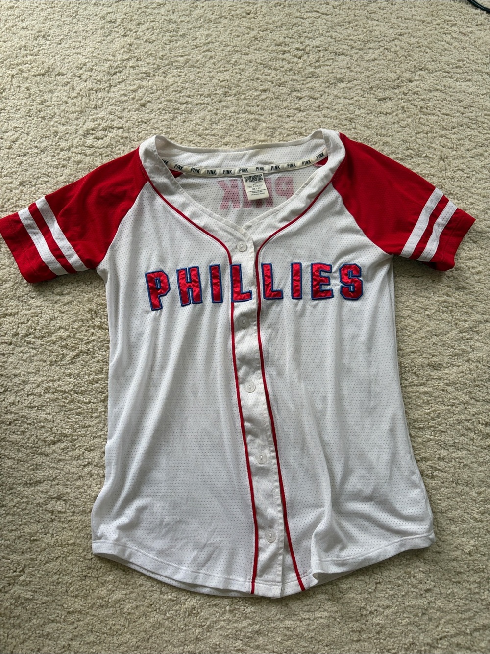 PINK Victoria's Secret White and Red Button-Front Phillies Top